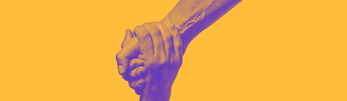 Duotoned plum and mango hero header image of a handshake