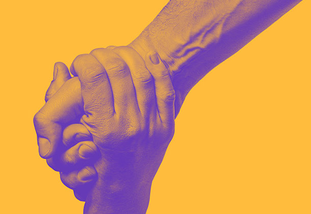 Duotoned plum and mango hero header image of a handshake