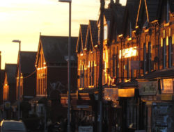 A row of terraced houses in Leeds at sunset