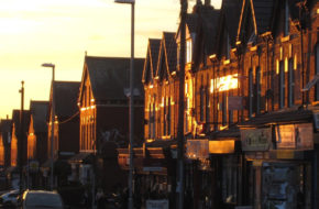 A row of terraced houses in Leeds at sunset