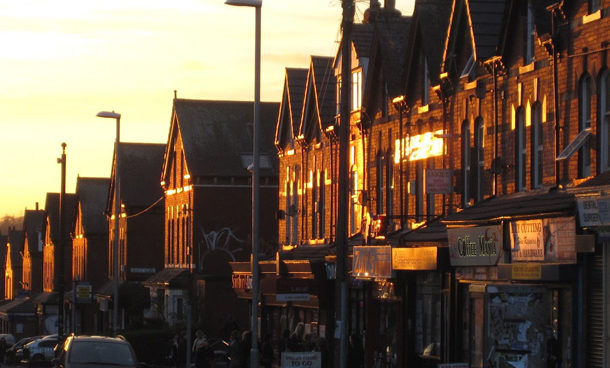 A row of terraced houses in Leeds at sunset