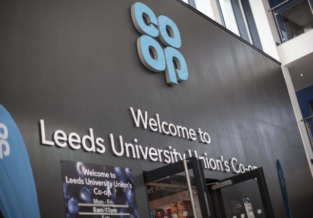 Co-op South entrance signage with the doors open at LUU