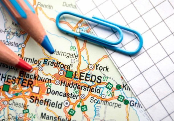 Close up of Leeds on a map