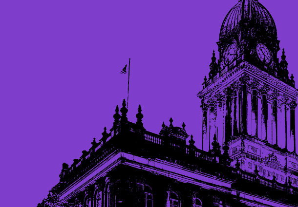 Leeds Town Hall with purple background