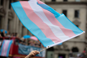 A hand waving a transgender pride flag