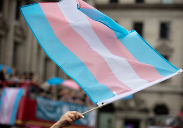 A hand waving a transgender pride flag